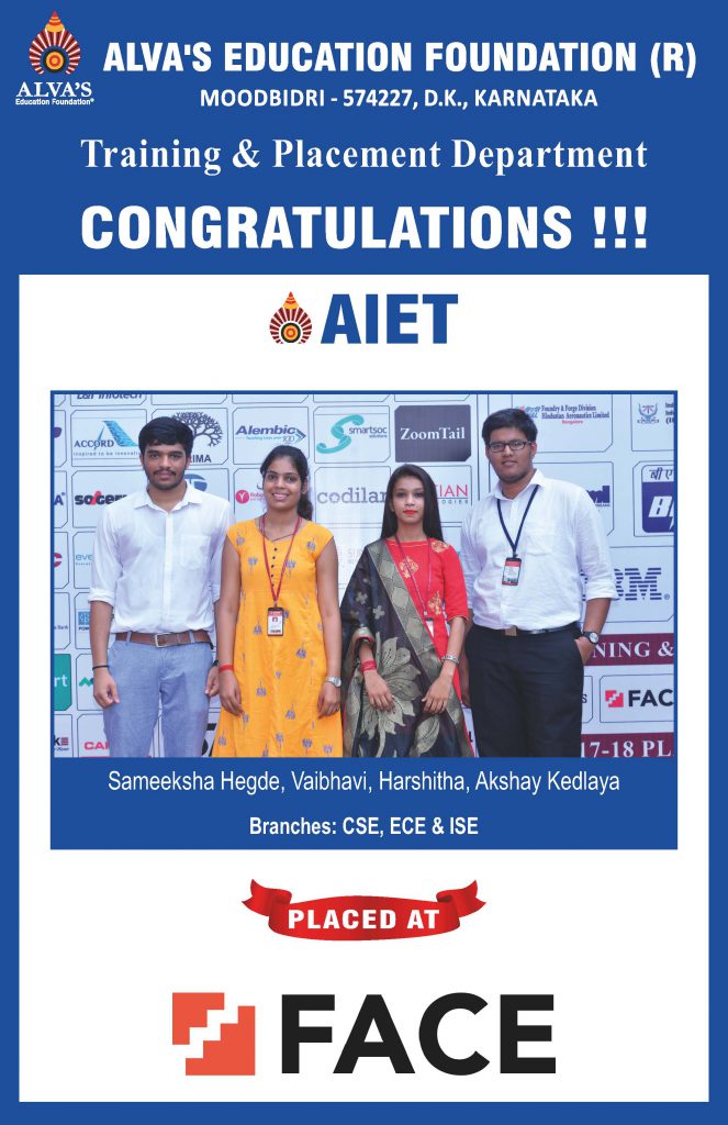 Alva’s Institute of Engineering and Technology campus selection student hired at FACE