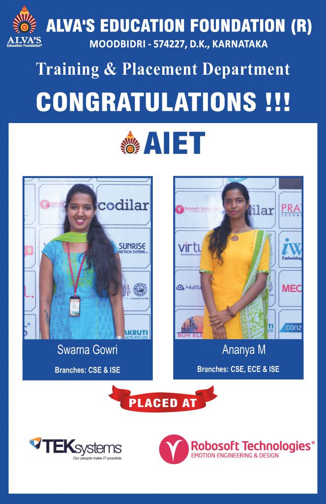 Alva’s Institute of Engineering and Technology campus selection student hired by Tek Systems and Robosoft Technologies placement