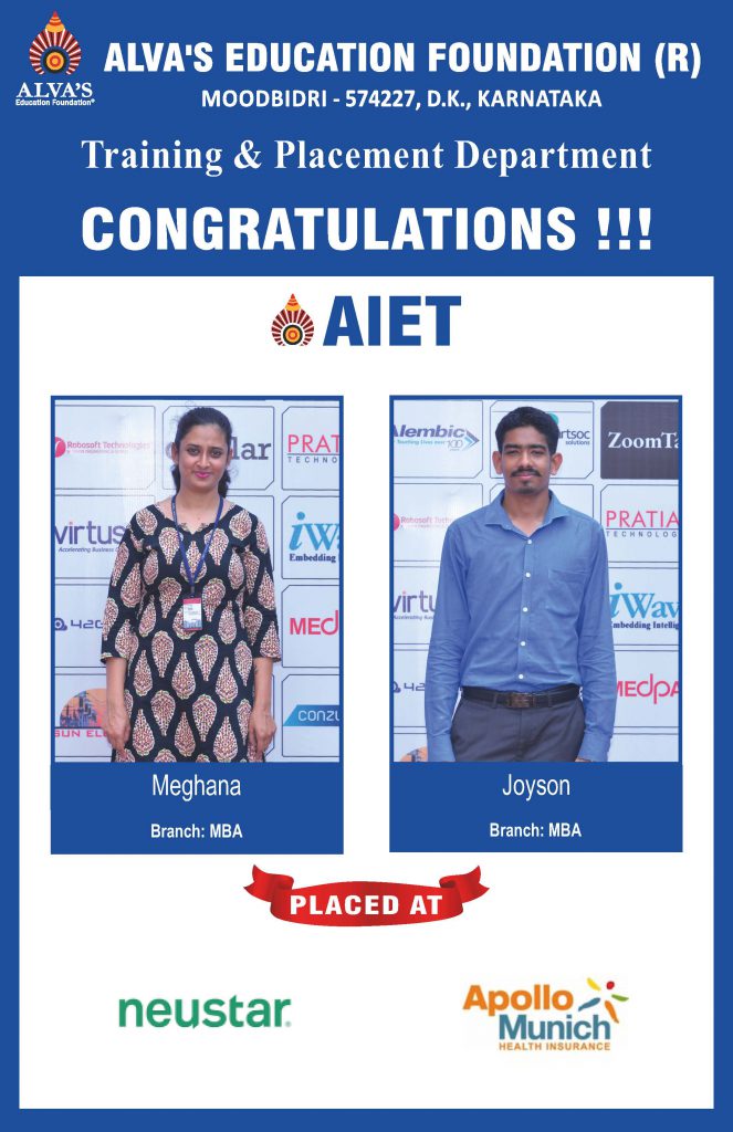 Alva’s Institute of Engineering and Technology campus selection student placed at Apollo Munich and neustar