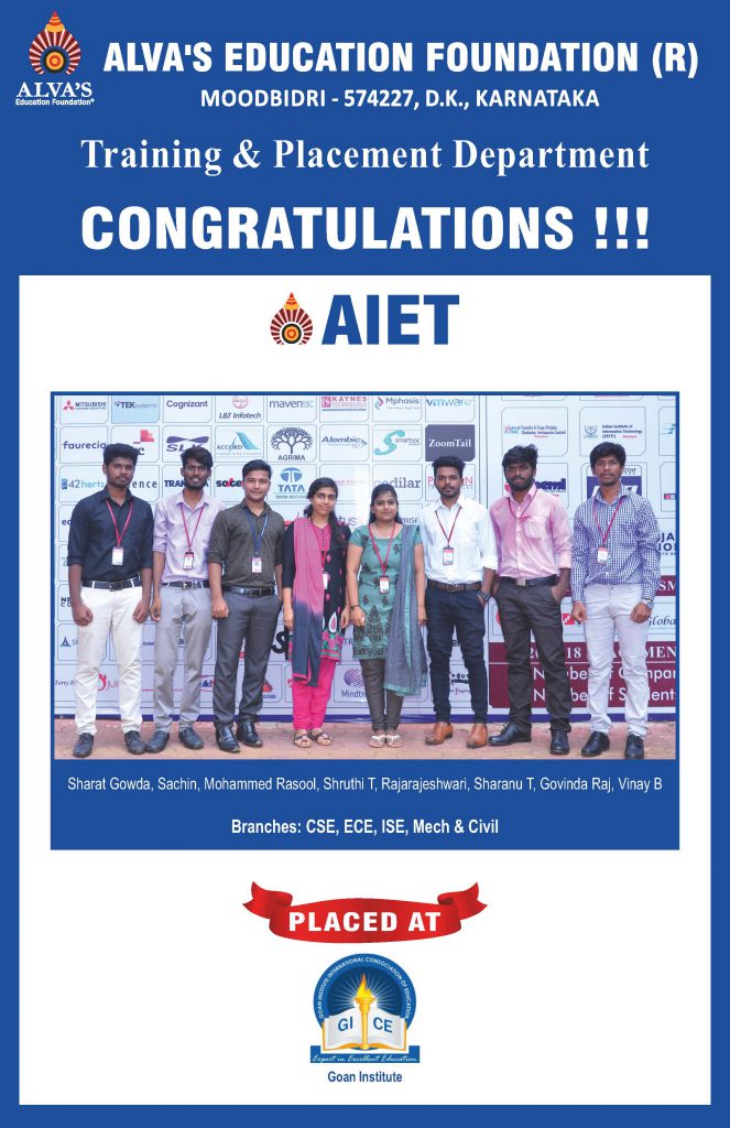 Alva’s Institute of Engineering and Technology campus selection student placed at Goan Institute